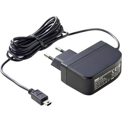 Črn napajalnik z evropskim vtičem in kablom z mini USB vtičem, primeren za elektronske naprave.