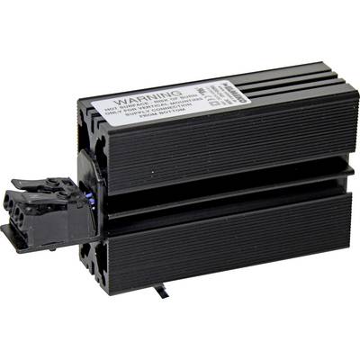 Črni elektronski sestavni del z opozorilno nalepko in priključki ob strani.