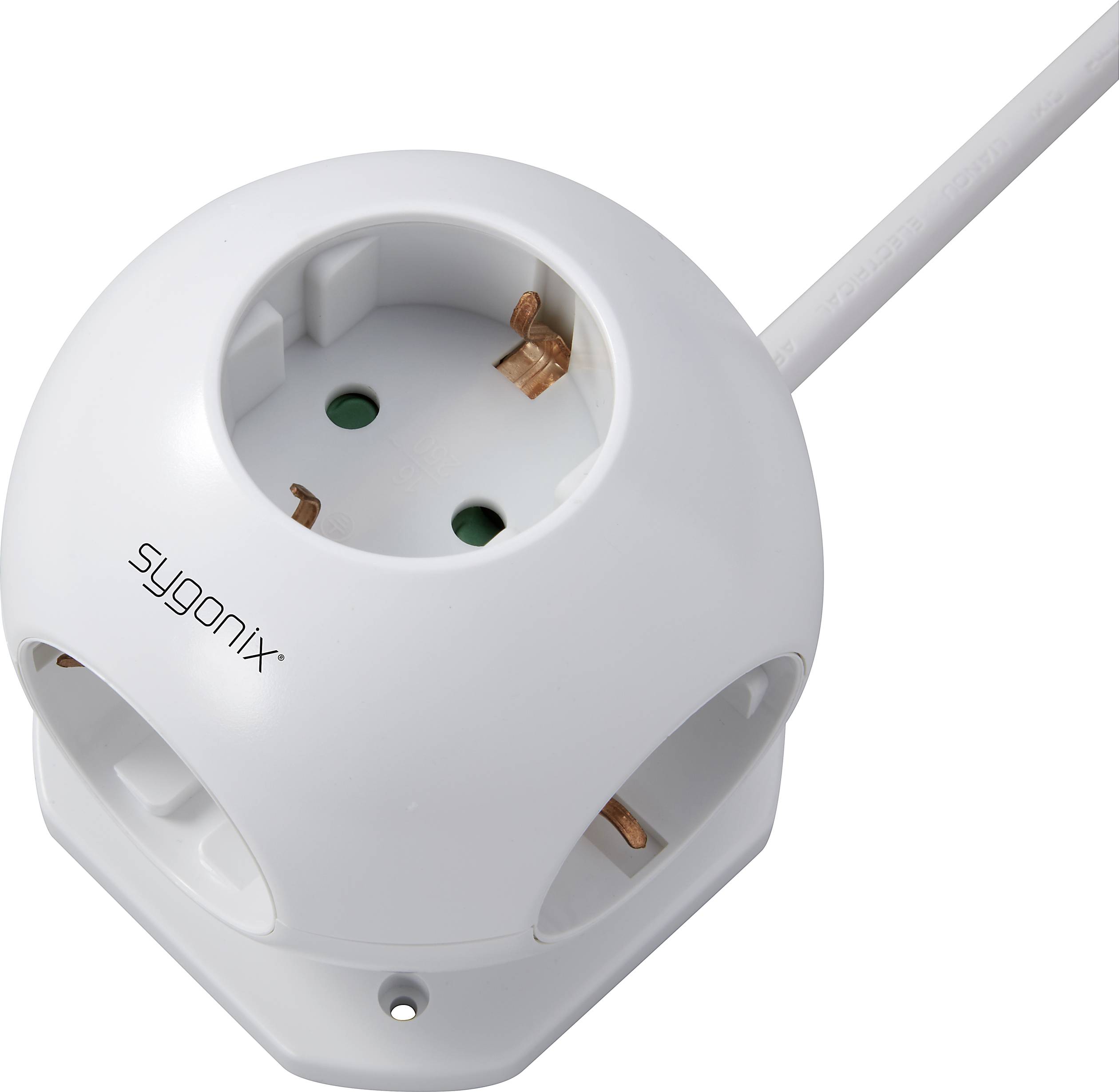 Okrogla, bela večtarifna vtičnica z več priključki in kablom, ležeča na beli površini.