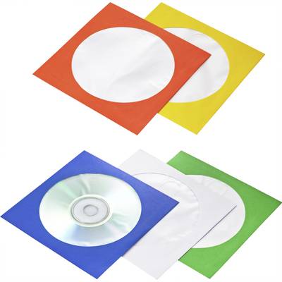 Kartončki za CD-je v različnih barvah: rdeči, rumeni, modri, zeleni in beli. En CD je v modri škatli.