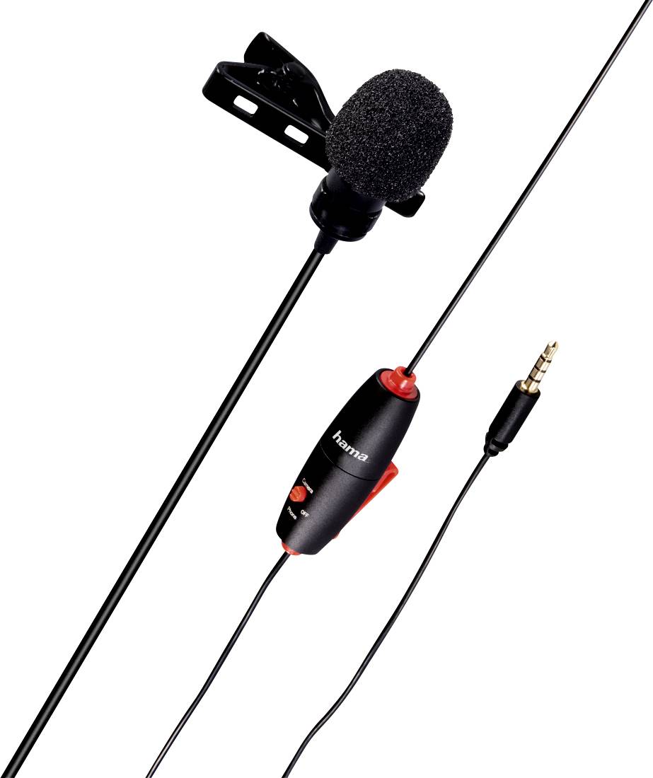 Majhna priponjena mikrofon s penasto zaščito in kablom. Ima sponko za pritrditev na oblačila in 3,5 mm audio priključek.