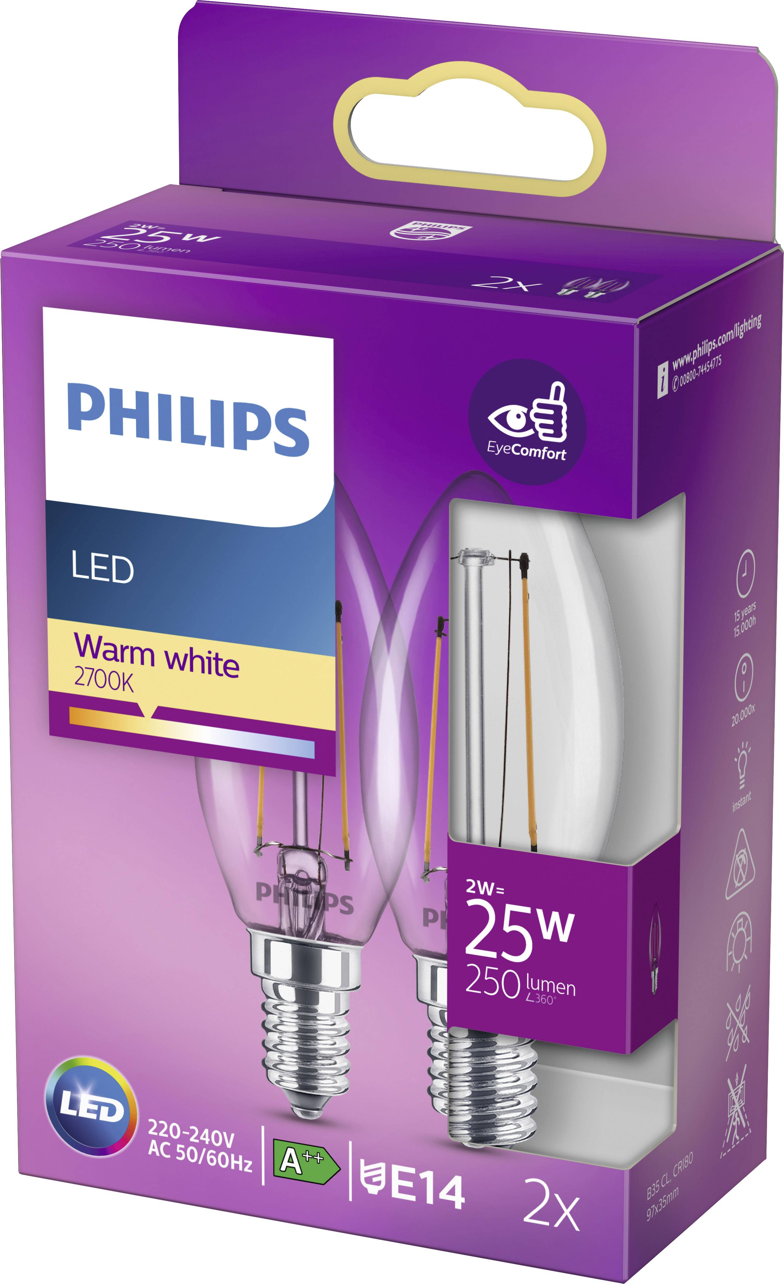 Dve LED-žarnici Philips, z grlom E14, 25 vatov, 250 lumnov, toplo bela svetloba 2700K, energetsko varčni, primerni za bivalne prostore.