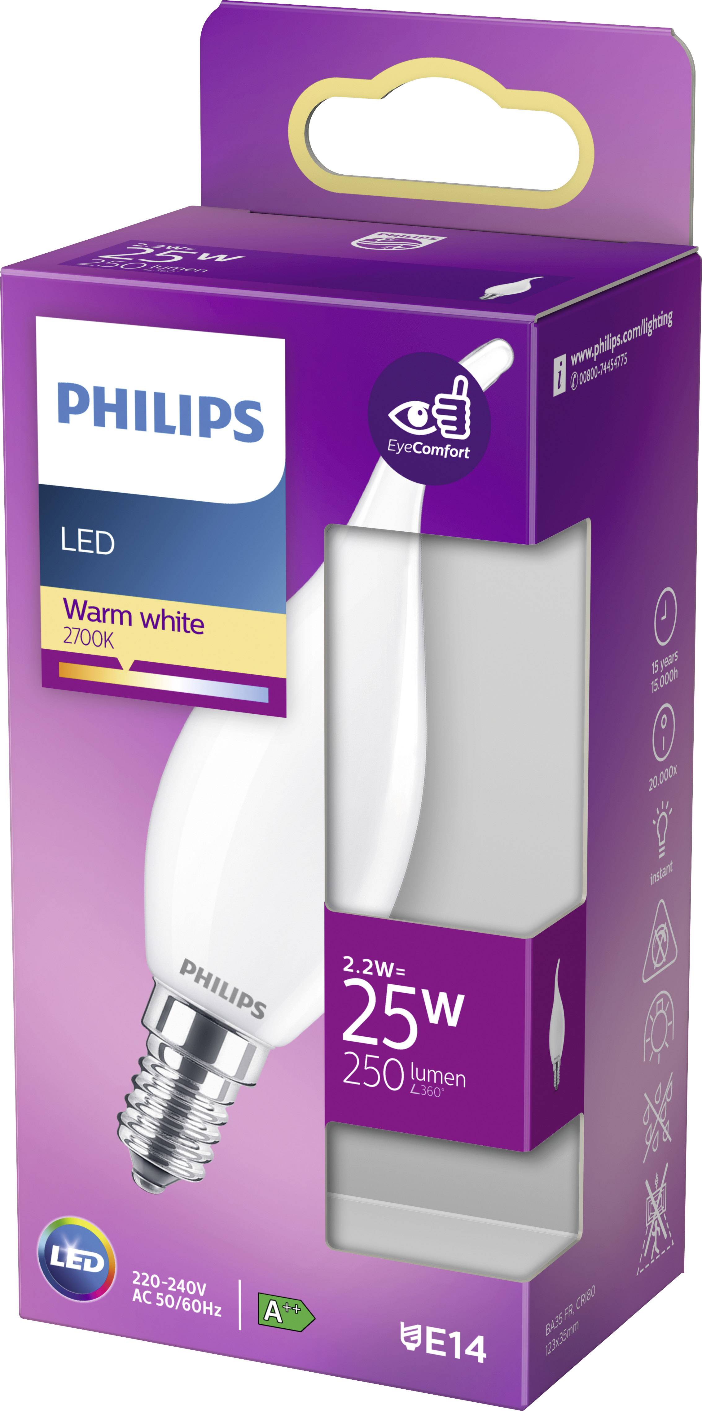Embalaža žarnice 'Philips LED', 2,2 W ustreza 25 W, E14, toplo bela 2700K, 250 lumnov, varčna z energijo, primerna za zaščito oči.