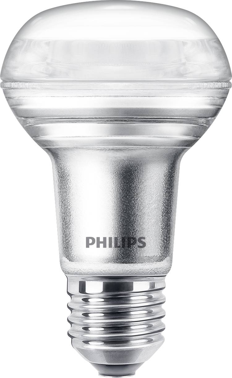 Srebrna LED-žarnica z vtičnico E27 in logotipom 'Philips', primerna za varčno svetlobo v bivalnih ali delovnih prostorih.