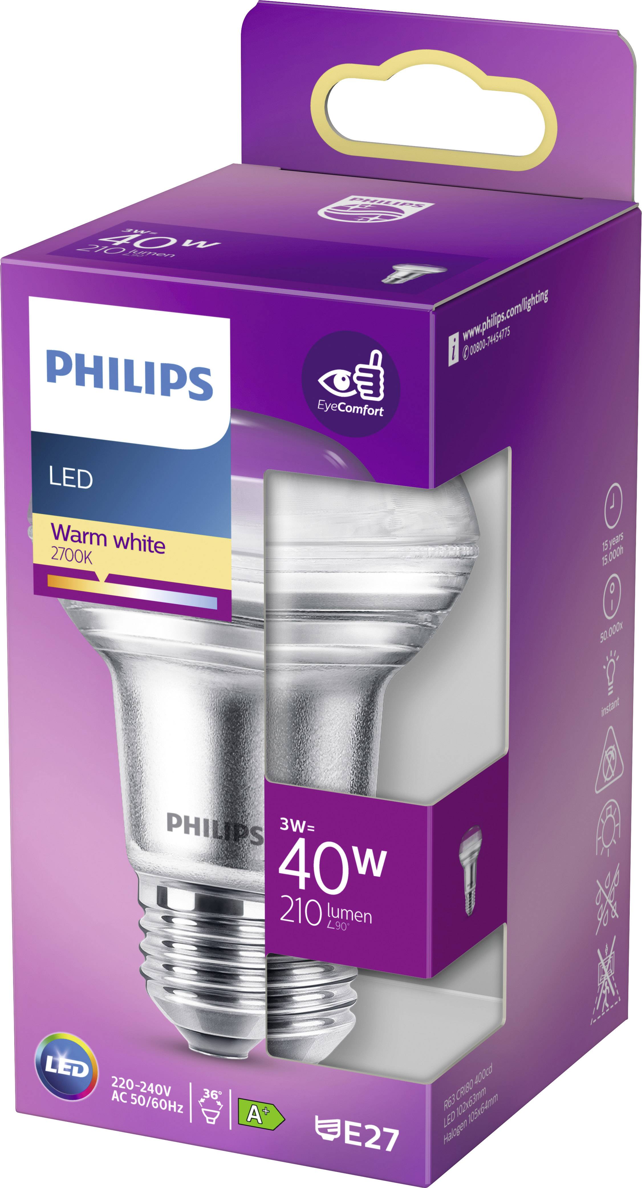 Philipsova LED-žarnica v originalni embalaži. Napis: 'Toplo bela 2700K', 3W ustreza 40W, 210 lumnov, vtičnica E27.
