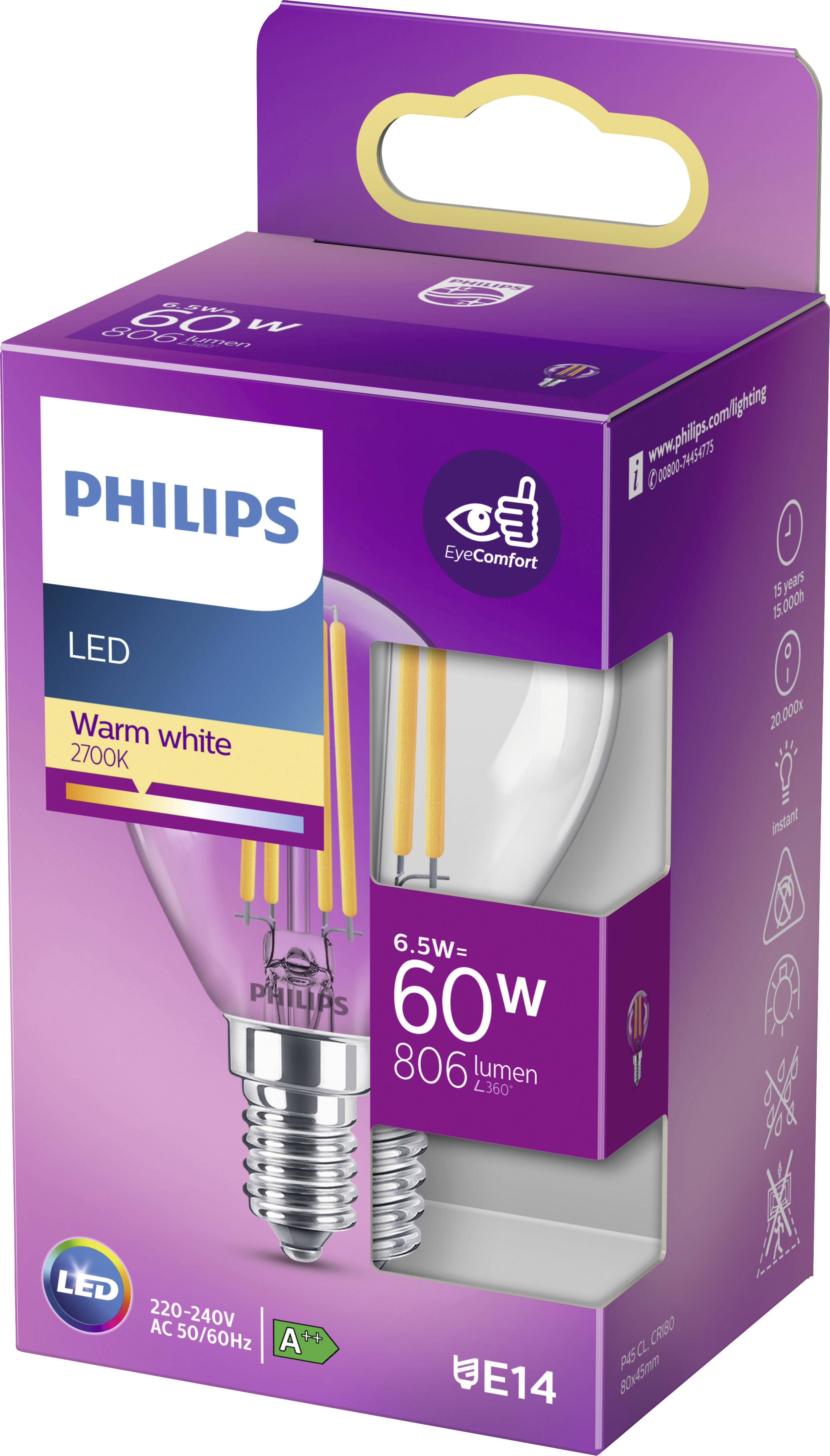 Embalaža Philips LED žarnice, 6,5W (nadomešča 60W), toplo bela, 806 lumnov, E14 podnožje, energijski razred A+, primerna za udobno svetlobo.