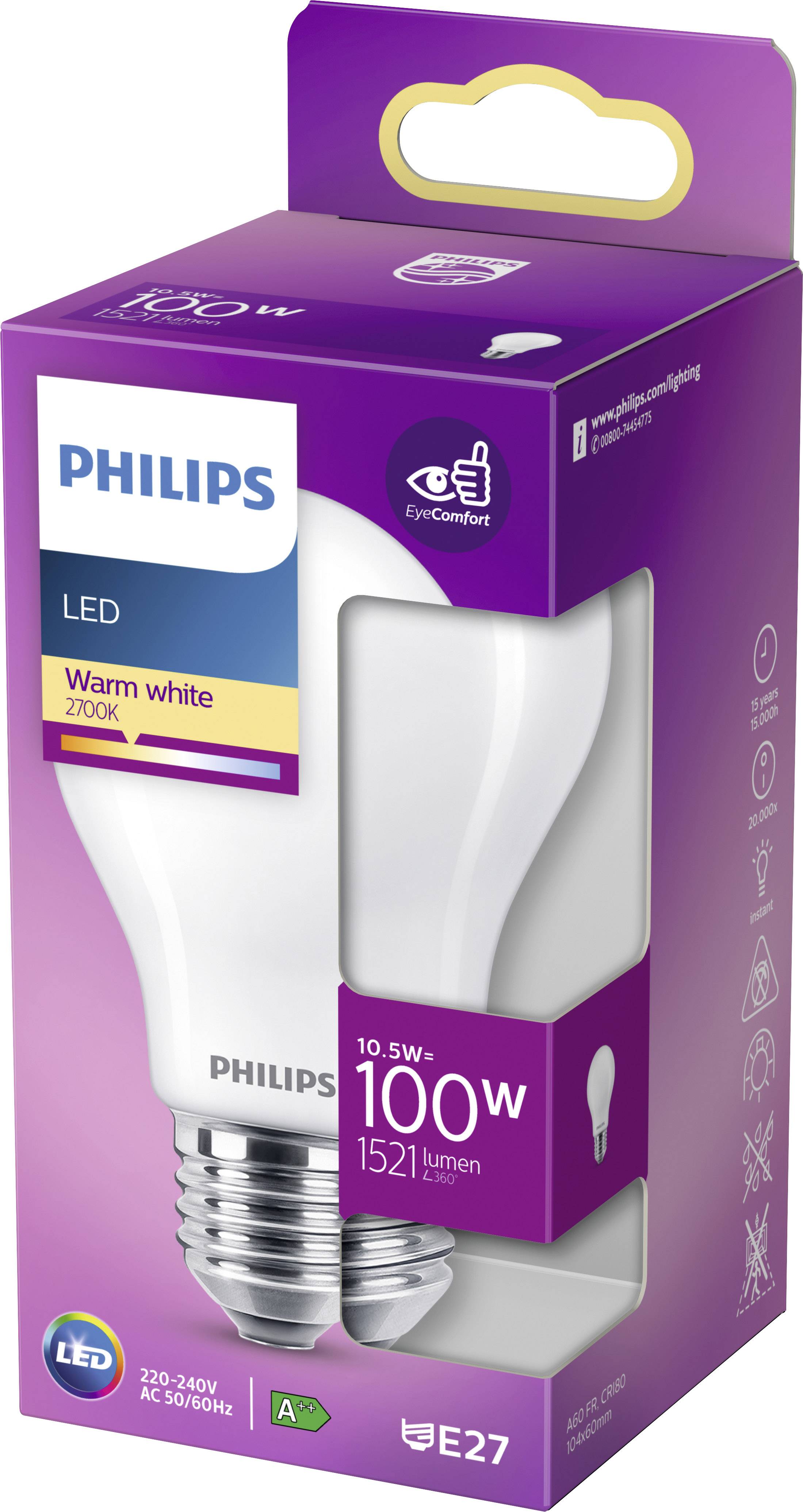 'Philips LED-žarnica, toplo bela, 2700K, 10,5W (nadomešča 100W), 1521 lumnov, E27. Prijazna očem. Razred energetske učinkovitosti A+.'