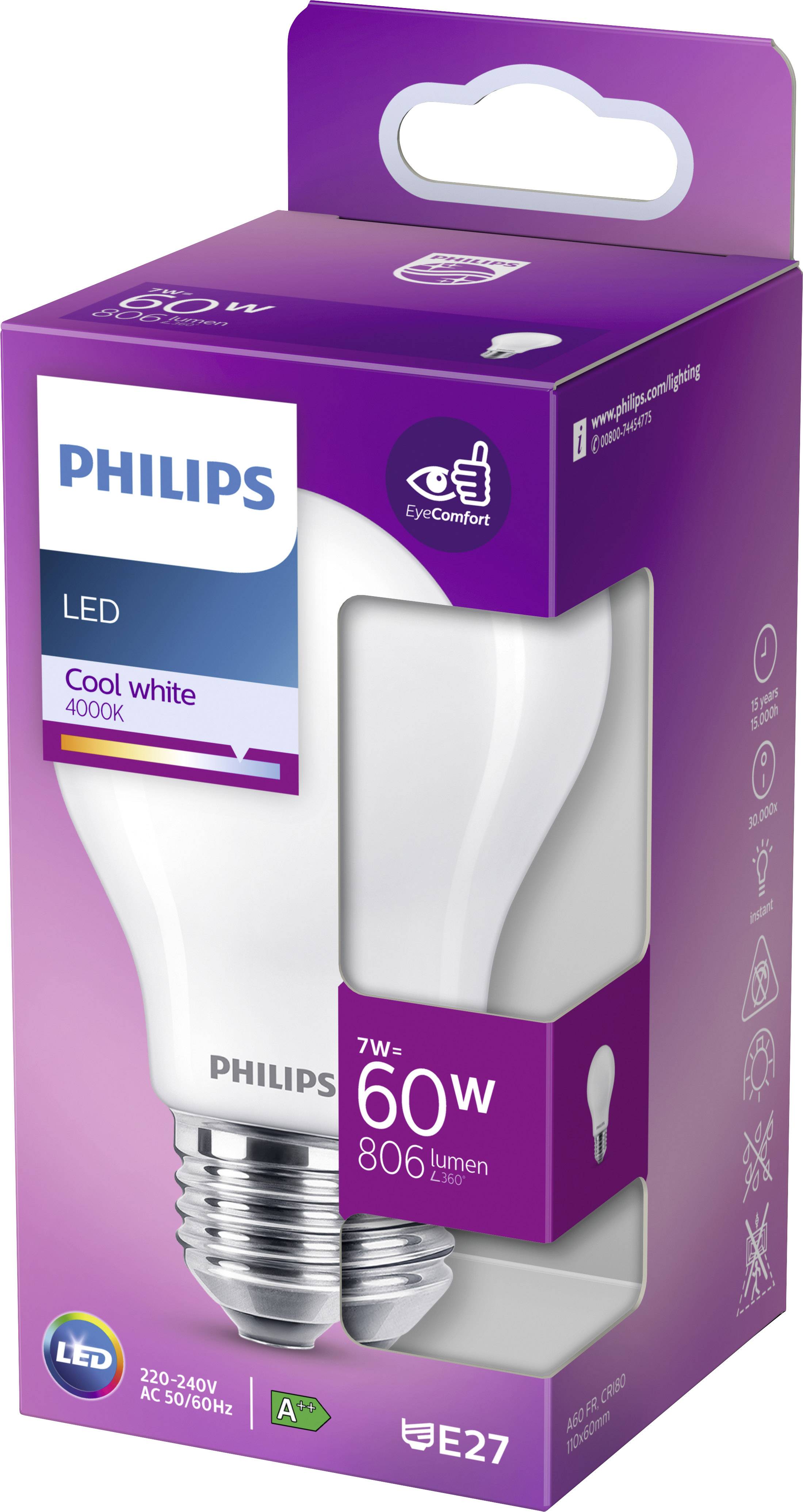 LED-žarnica 'Philips', 7W, nadomestilo za 60W, 806 lumnov, podnožje E27, hladna bela barva temperature 4000K, sprednja stran embalaže.