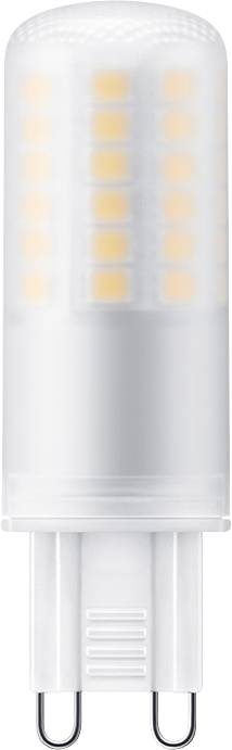 Energetsko učinkovita LED-žarnica z G9 priključkom, prikazuje toplo bele svetlobne točke, primerna za uporabo v gospodinjskih svetilkah.