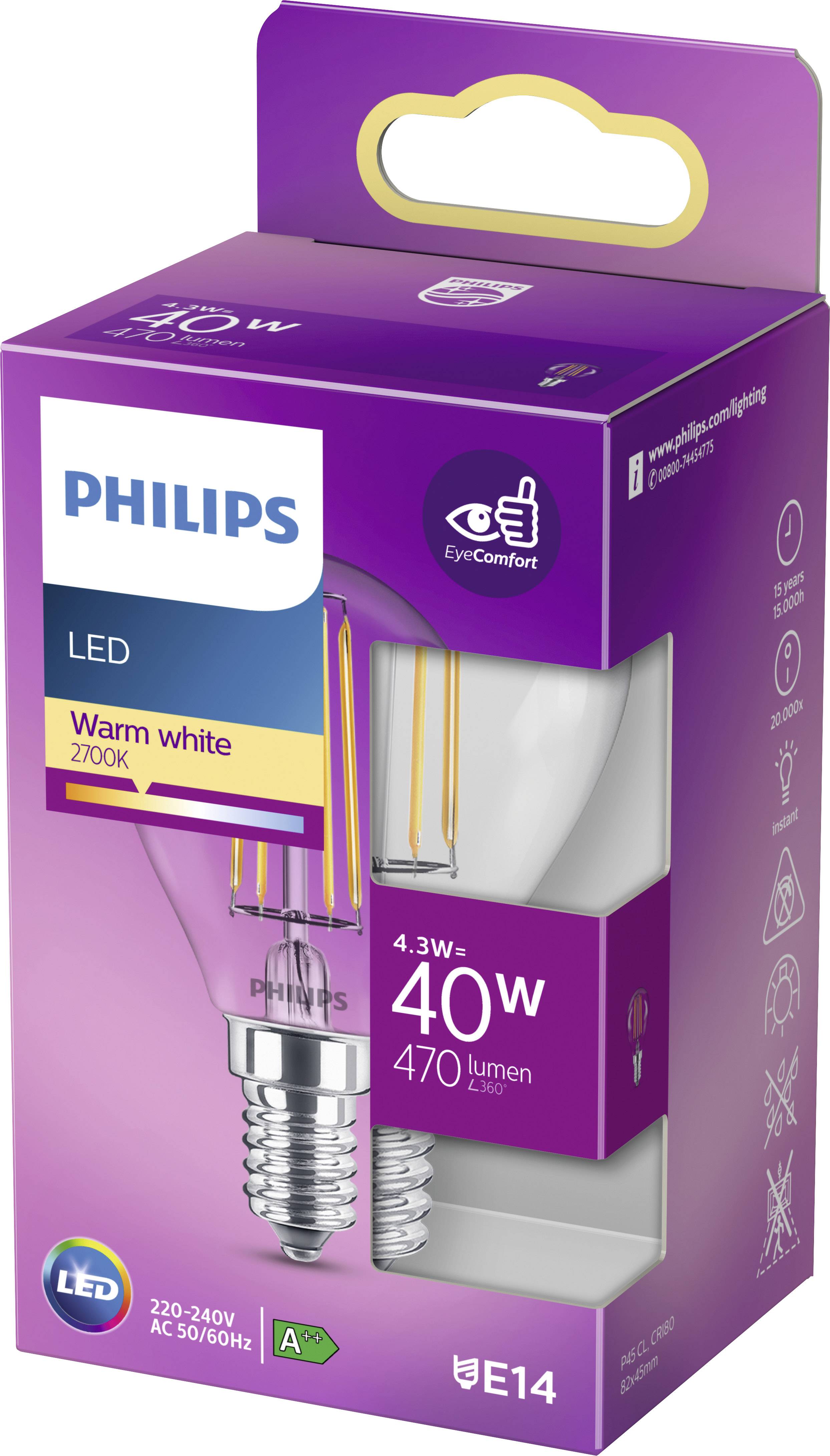'Philips LED žarnica, toplo bela 2700K, 4,3W, 470 lumnov, podnožje E14. Embalaža prikazuje energijski razred A++ in logotip EyeComfort.'