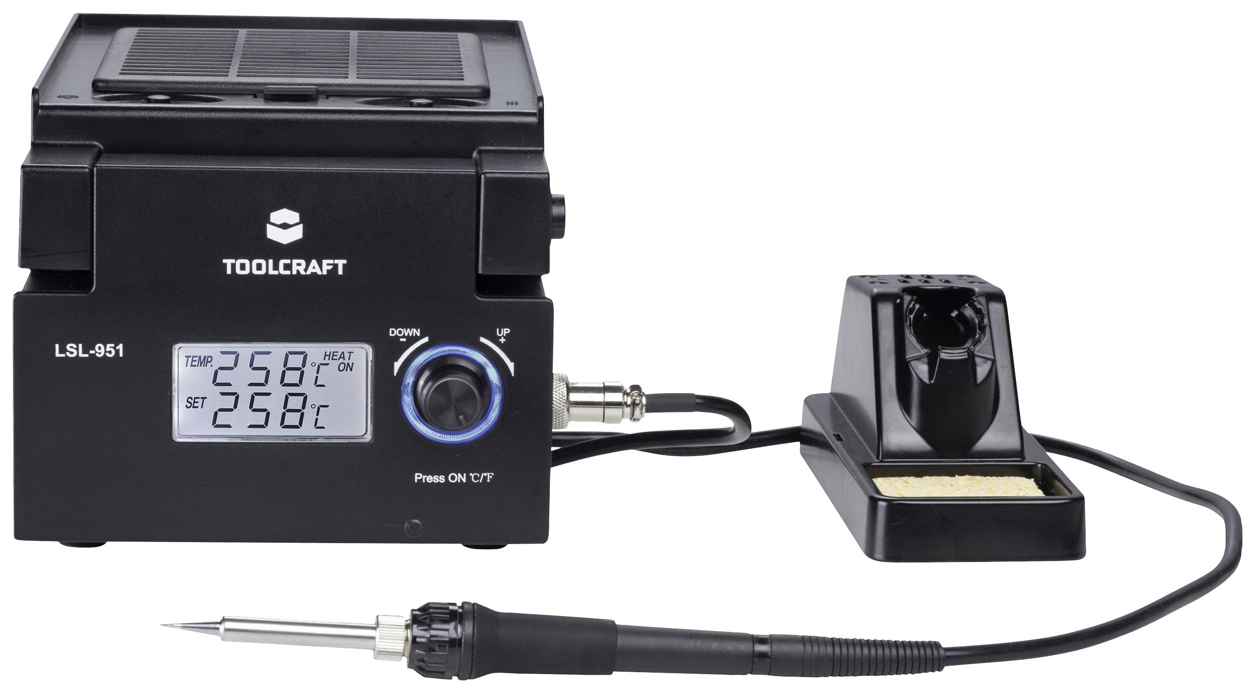 'Spajkalna postaja TOOLCRAFT LSL-951 z digitalno temperaturno prikazovalnikom. Prikazuje 258 °C za trenutno temperaturo in nastavljeno temperaturo.'