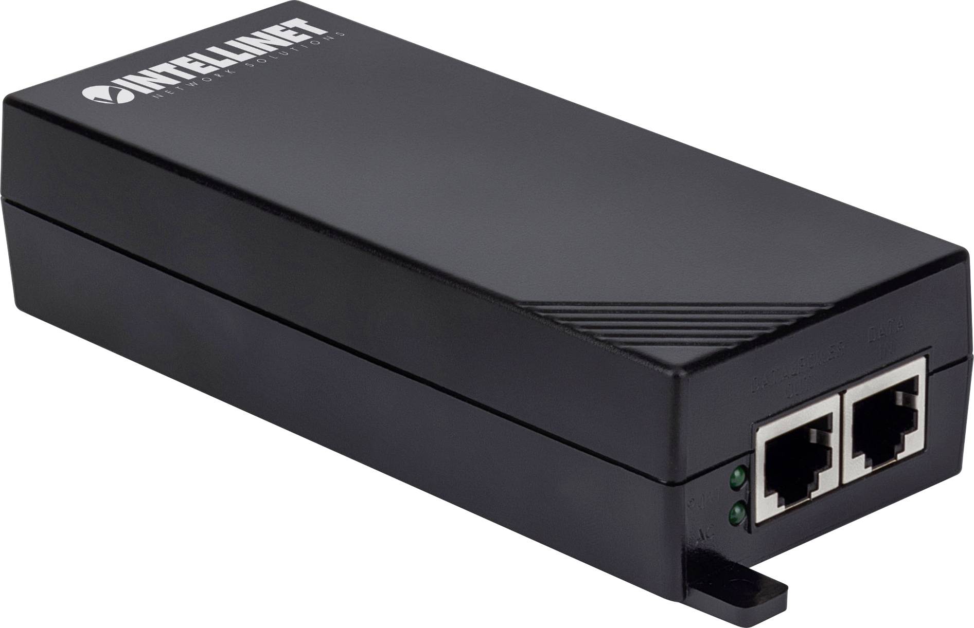 Črn mrežni PoE-injektor z dvema ethernetskima priključkoma in blagovno znamko na zgornji strani. Naprava za napajanje prek ethernet omrežja.