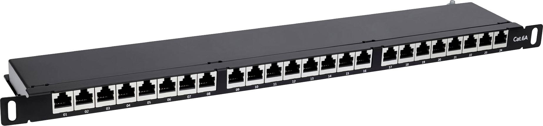 Patch panel s 24 vrati, namenjen upravljanju ethernetnih kabelskih povezav, primeren za omrežne namestitve v strežniških omaricah.