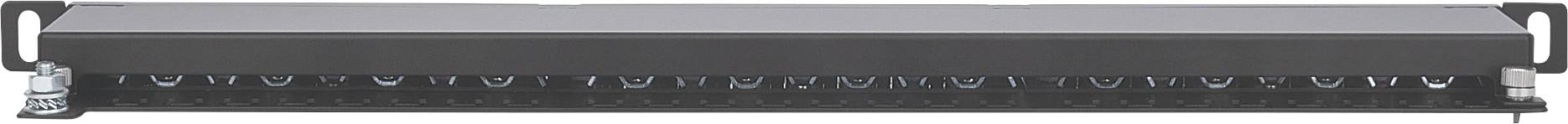 Črn patch panel z več oštevilčenimi priključki, primeren za organizacijo in povezovanje omrežnih kablov v strežniški sobi.