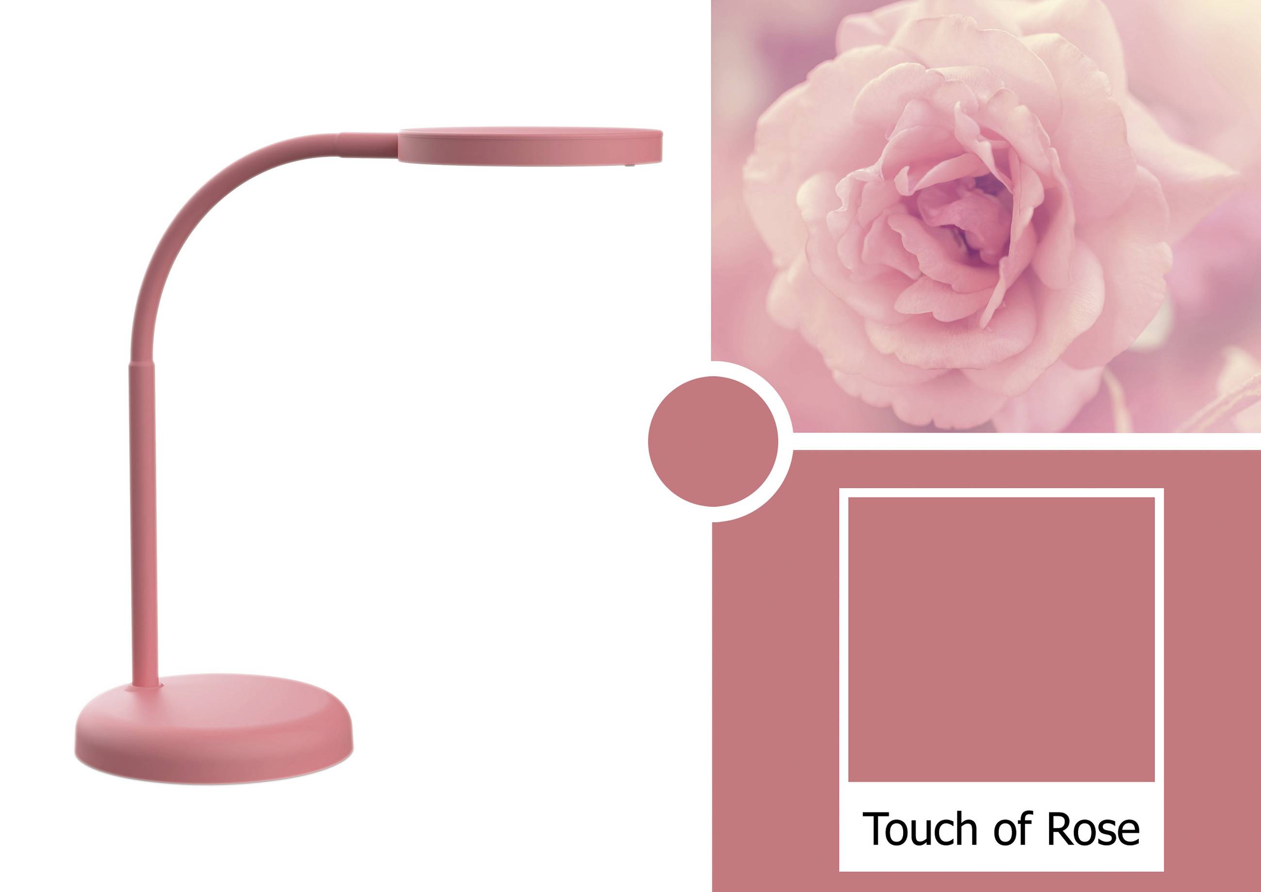 Rožnata namizna svetilka poleg kvadrata v enaki barvi z napisom 'Touch of Rose'. Zgoraj desno rožnata roža.