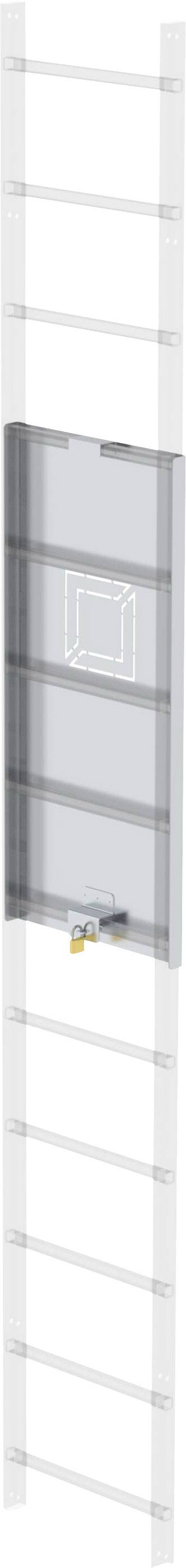 Srebrn električni radiator v obliki lestve z vodoravnimi palicami in vgrajenim termostatom na spodnjem delu.