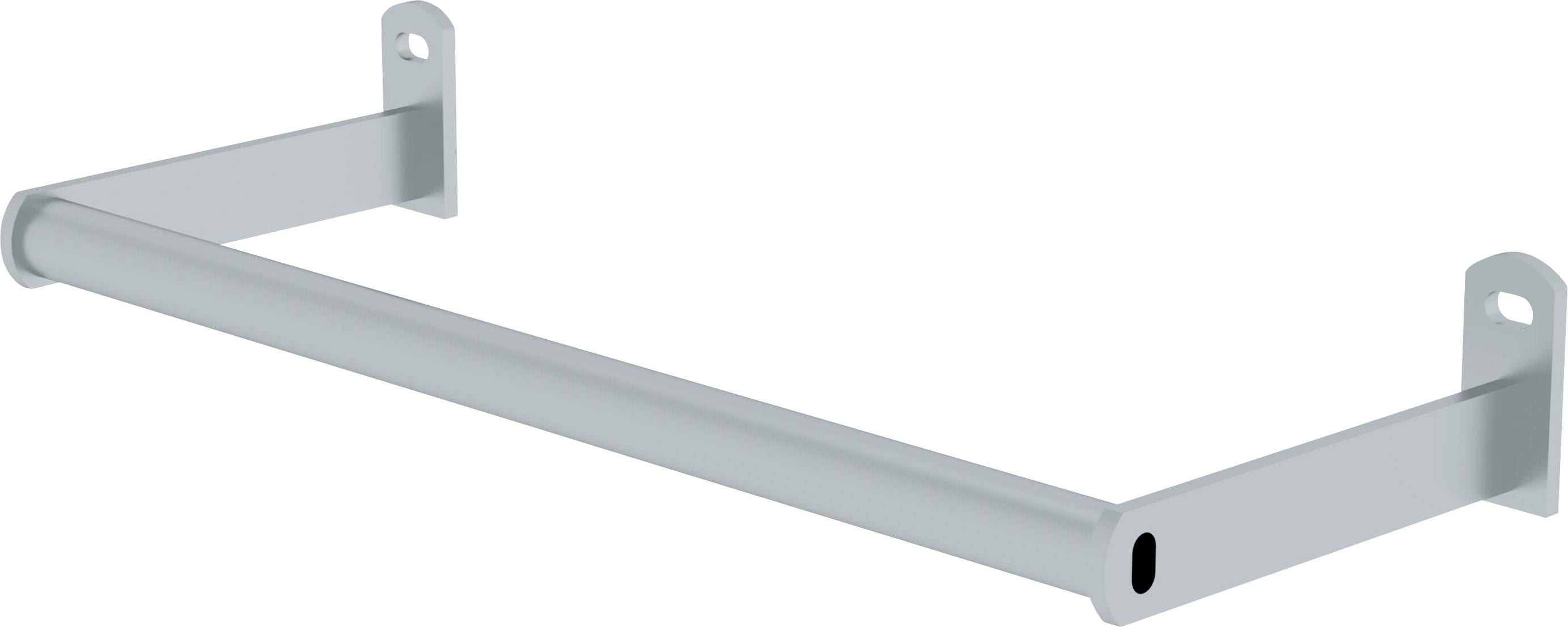 Kovinska konzolna pritrditev za montažo na steno, sestavljena iz horizontalne cevi in dveh navpičnih pritrdilnih kotnikov.