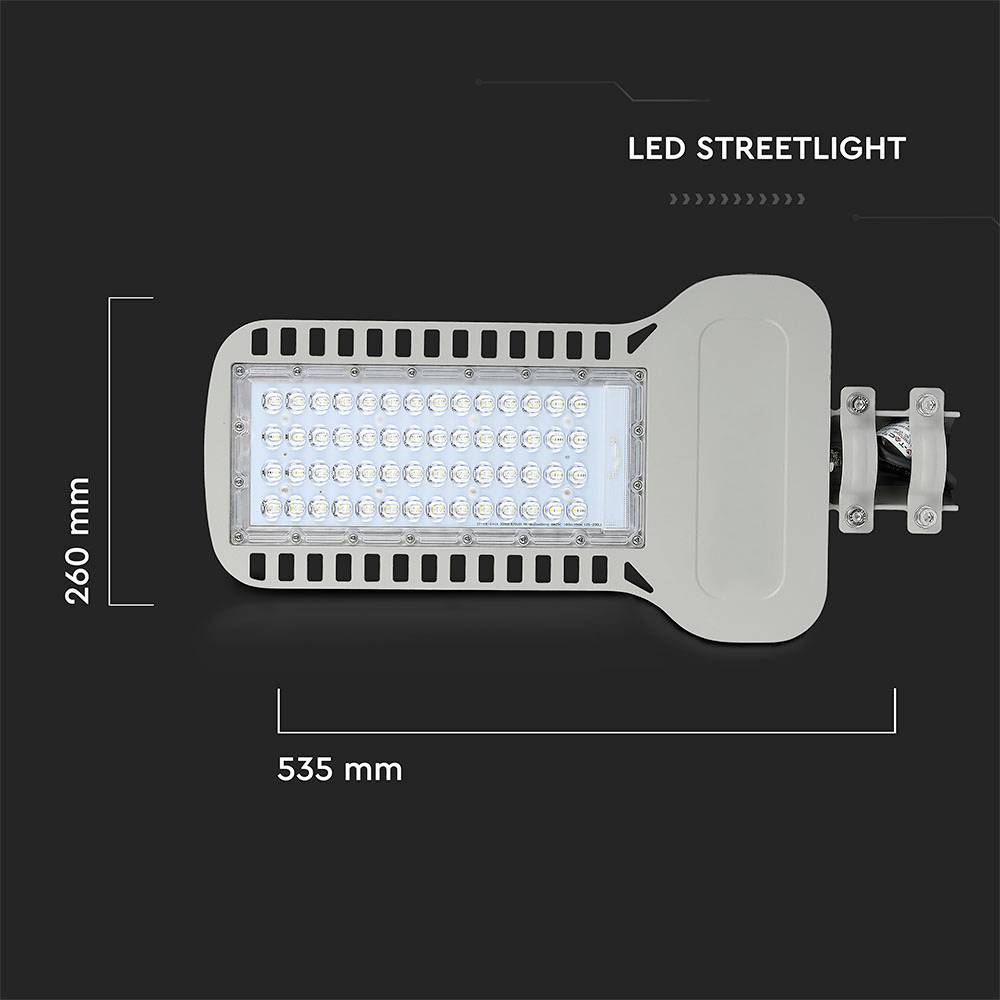 LED-cestna svetilka, prikazana iz ptičje perspektive. Mere: 260 mm visoka, 535 mm dolga. Pravokotna svetilka z več vrstami LED-diod.