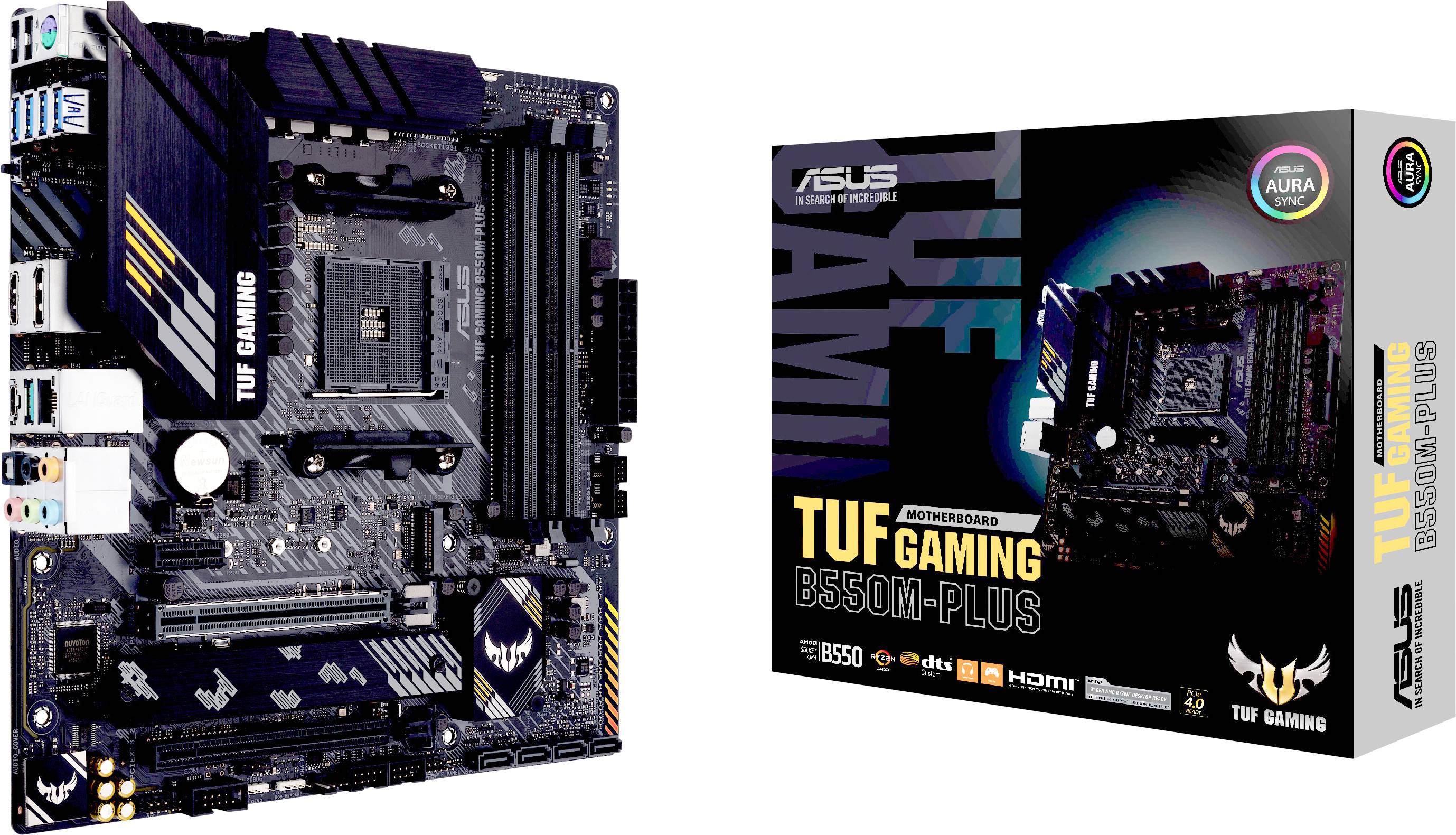 Matična plošča ASUS TUF Gaming B550M-Plus, levo brez embalaže, desno v embalaži. Podpira procesorje AMD Ryzen.