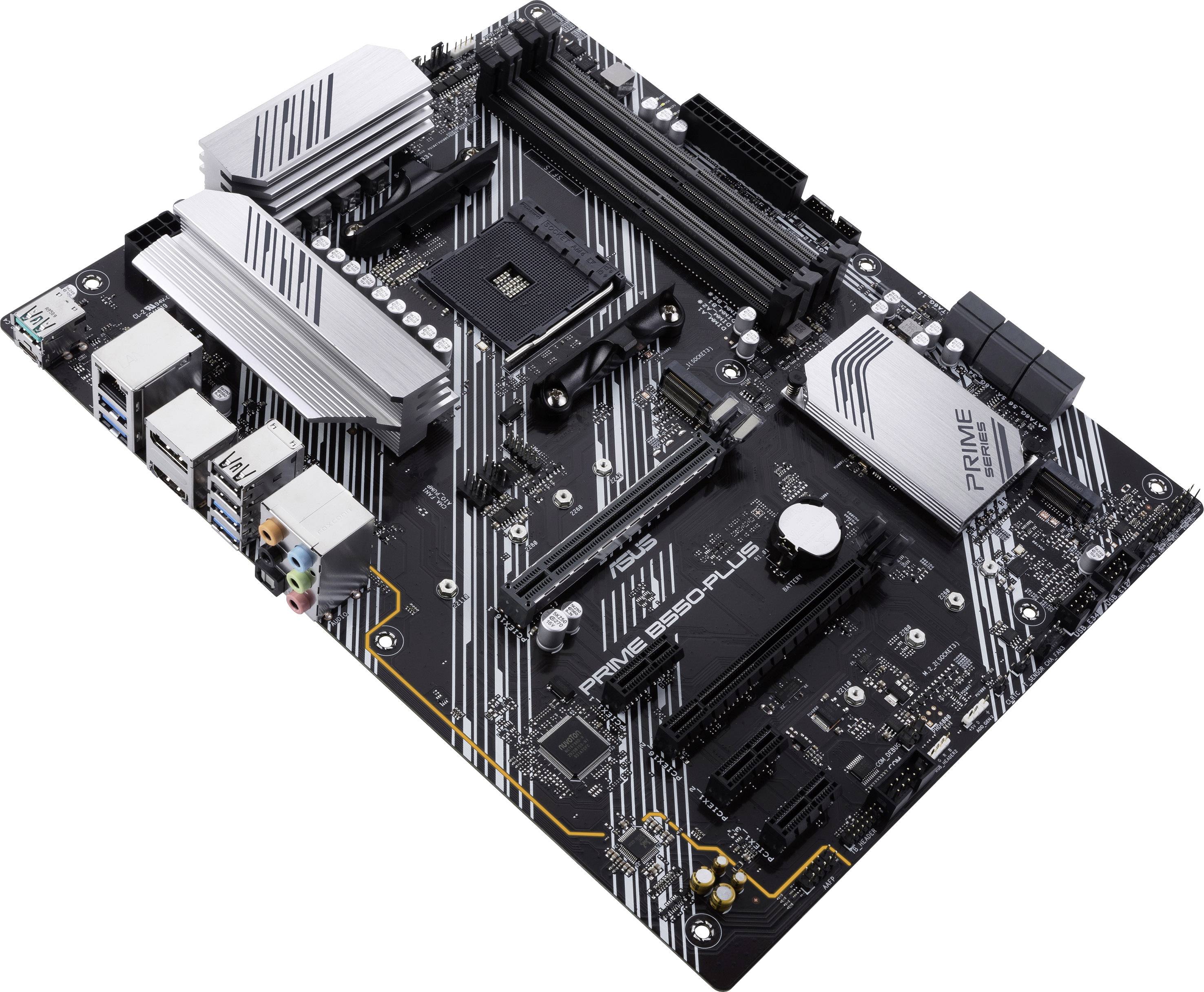 Računalniška matična plošča z več priključki in režami, vključno z USB-vrati, ležišči za RAM in PCIe režami.