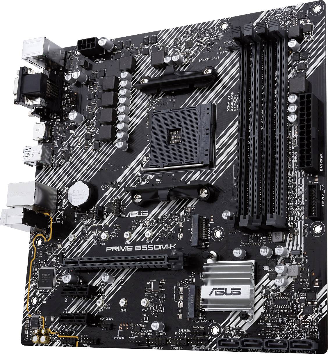 Črna plošča ASUS Prime B550M-K z več režami in priključki, vključno s PCIe režami in pomnilniškimi bančnimi mesti.