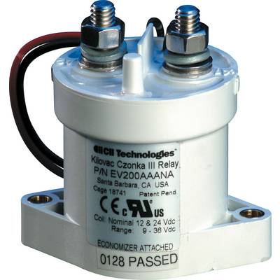 Električno releji z dvema pritrditvenima vijakoma. Besedilo na njem: 'Kilovac Czonka III Rele' in 'P/N EV200AACANA'.