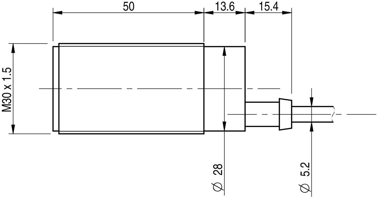 Tehnična risba cilindričnega elementa z dimenzijami: dolžina 50, premer 28, priključni premer 5,2, navoj M30 x 1,5.