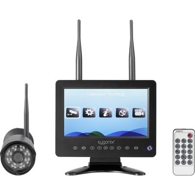 Brezžični video nadzorni sistem s monitorjem, kamero in daljinskim upravljalnikom. Monitor prikazuje meni z ikonami za nastavitve.