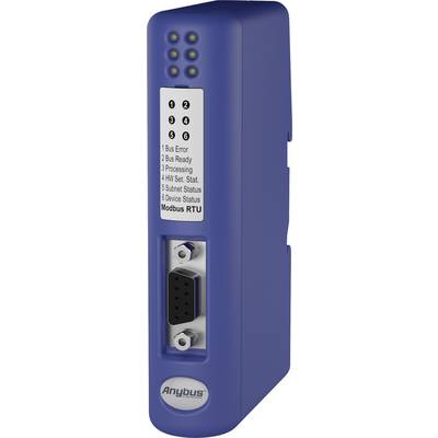 Modra industrijska komunikacijska enota z zaporednim priključkom in statusnimi indikatorji za Modbus RTU, ki prikazuje status omrežja.