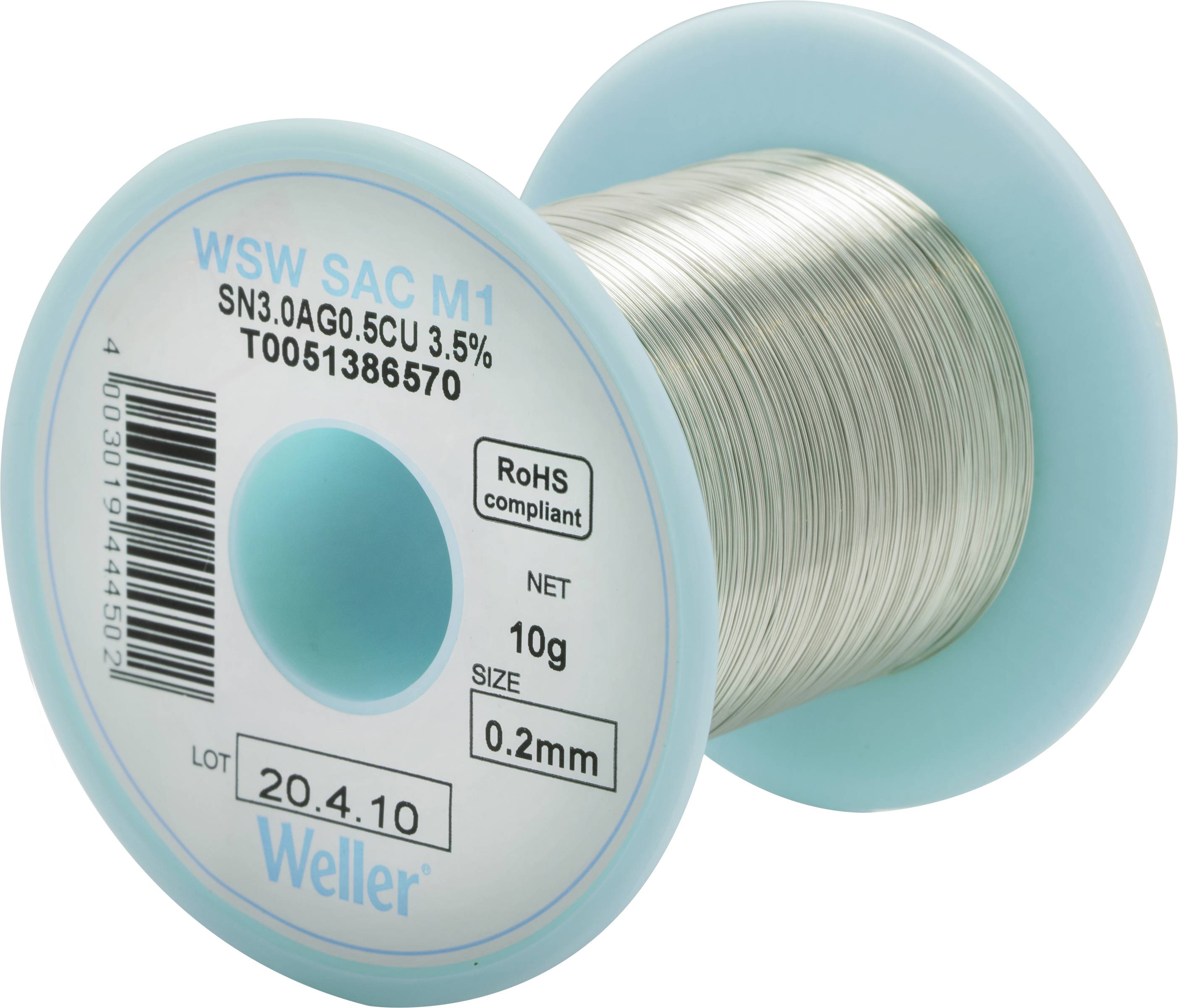 Kolut spajkalnega kositra z oznako 'WSW SAC M1', debeline 0,2 mm, 10 g. Skladen z RoHS. Blagovna znamka 'Weller' vidno označena.