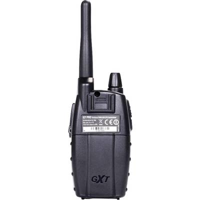 Ročna radijska postaja s črnim ohišjem in dolgo anteno, model 'G7 PRO'. Spodaj je napisana blagovna znamka 'GXT'.