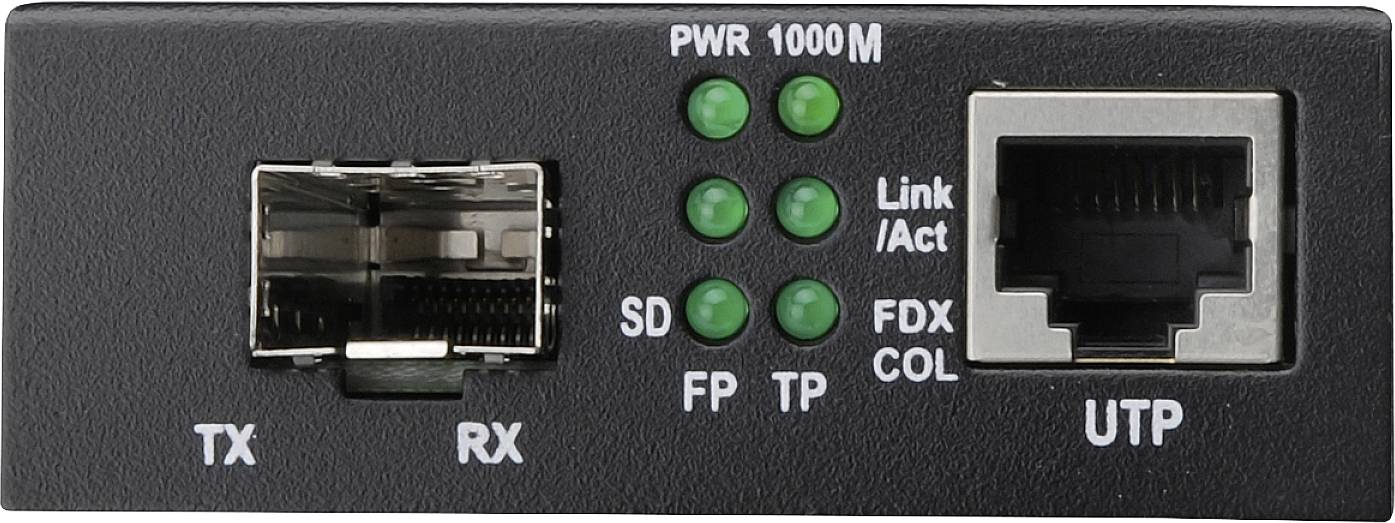 Omrežni medijski pretvornik z priključki za optična vlakna (TX, RX) in Ethernet (UTP). LED-diode prikazujejo status napajanja, povezave in aktivnosti.
