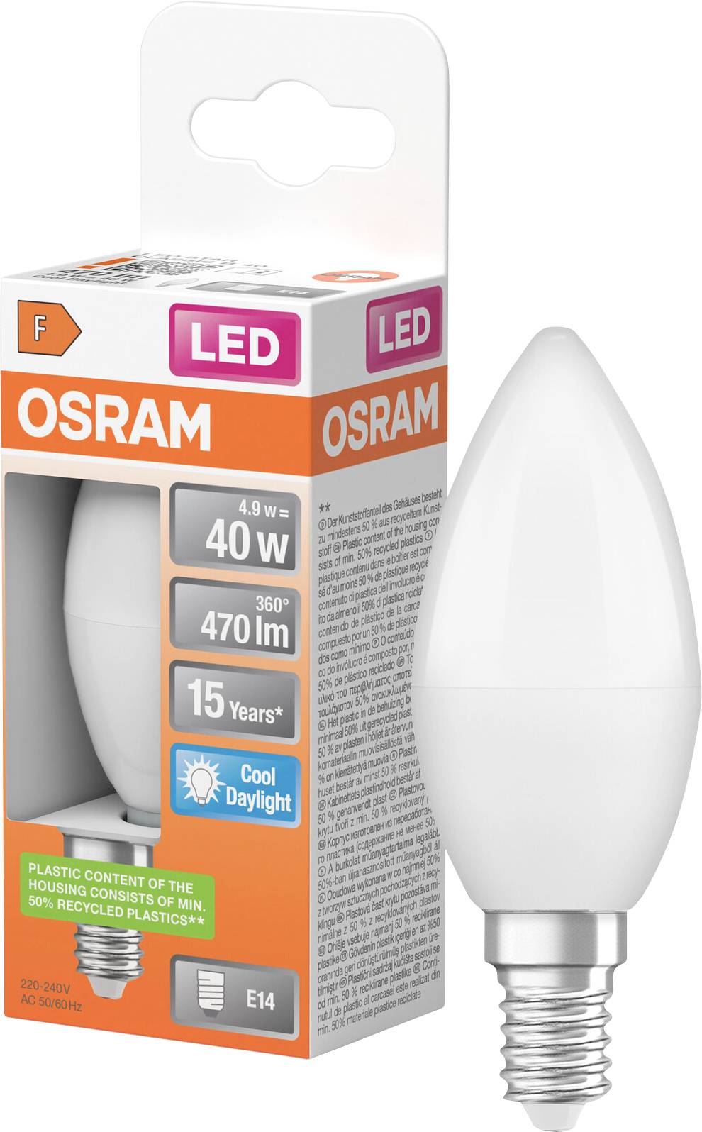 OSRAM LED svečna žarnica z grlom E14, prikazana ob njeni trgovski embalaži z oznako 4,9 W, enakovredna 40 W, 470 lm, hladen dnevni svetlobi, 15 let.