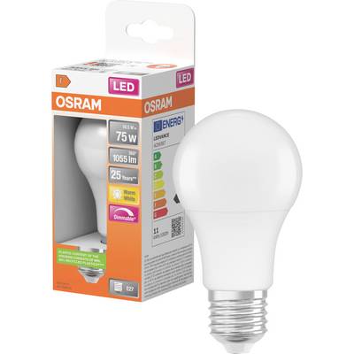 OSRAM LED žarnica in maloprodajna škatla, označena z ekvivalentom 75W, 1055 lumlov, topla bela, zatemnljiva, baza E27.