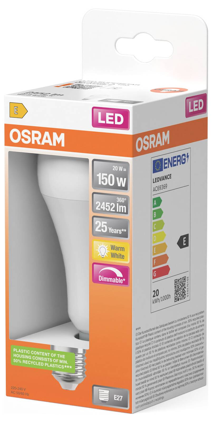 OSRAM LED svetlobna žarnica v embalaži, ki prikazuje 20W, 150W-ekvivalentno zatemnljivo toplo belo žarnico z E27 podnožjem in nalepko energetske učinkovitosti.