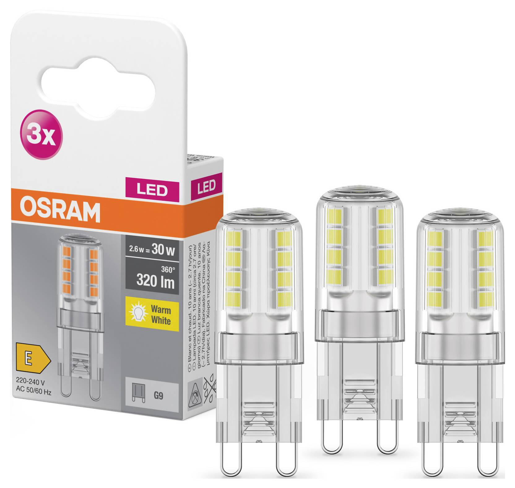 Tri LED-žarnice Osram, vsaka 2,6 W in 320 lm, kot sevanja 360°. Embalaža prikazuje 'toplo belo', energijski razred E, 220-240 V.
