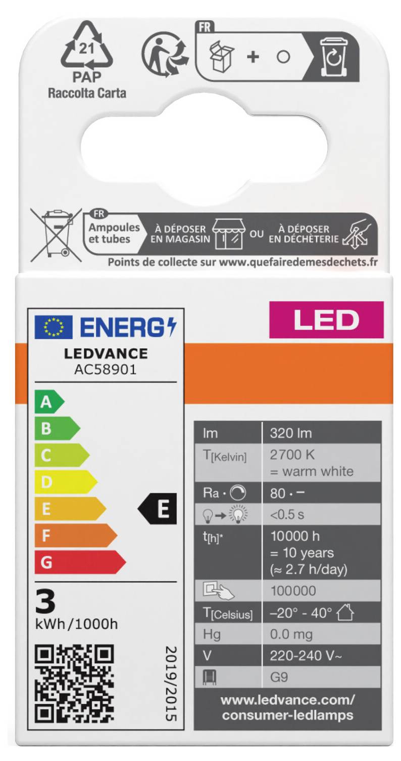 Energetska nalepka za LED-žarnico prikazuje razred energetske učinkovitosti E, 320 lumnov, 3 kWh/1000h, toplo bela, 2700 K. Proizvajalec: LEDVANCE.