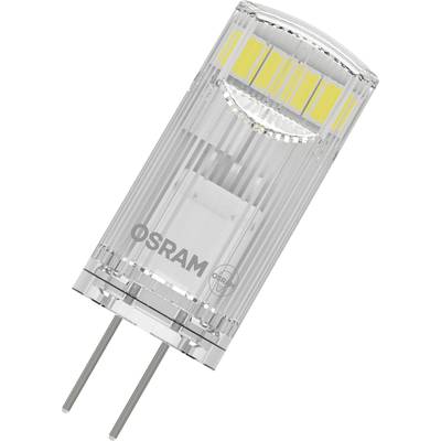 Prosojno LED-luč z dvema kovinskima sponkama in napisom 'OSRAM', ki razkriva elektroniko v notranjosti.