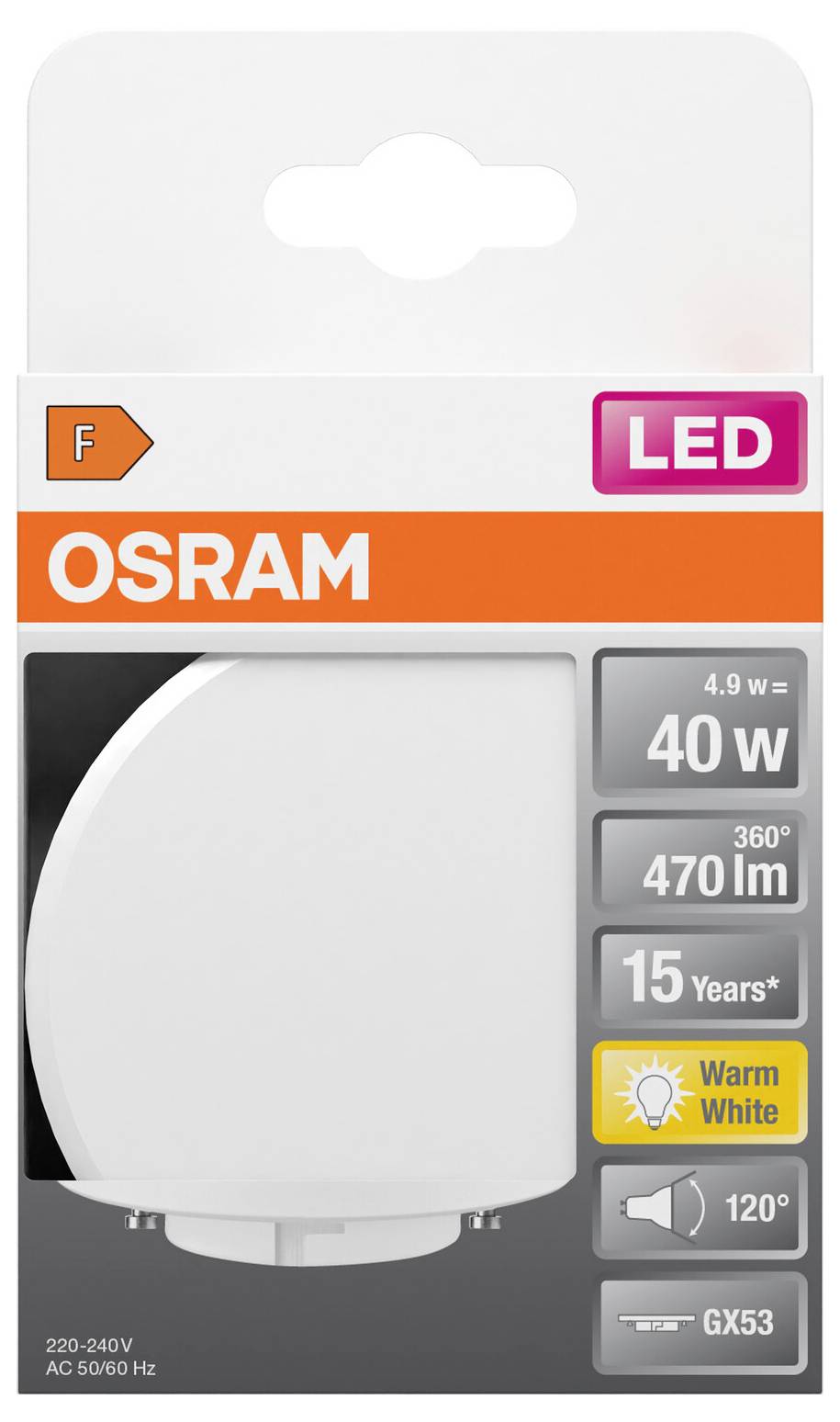 OSRAM LED 4,9 W, ustreza 40 W, 470 lumnov, toplo bela, GX53, energijski razred F, 15 let življenjske dobe, kot sevanja 120°
