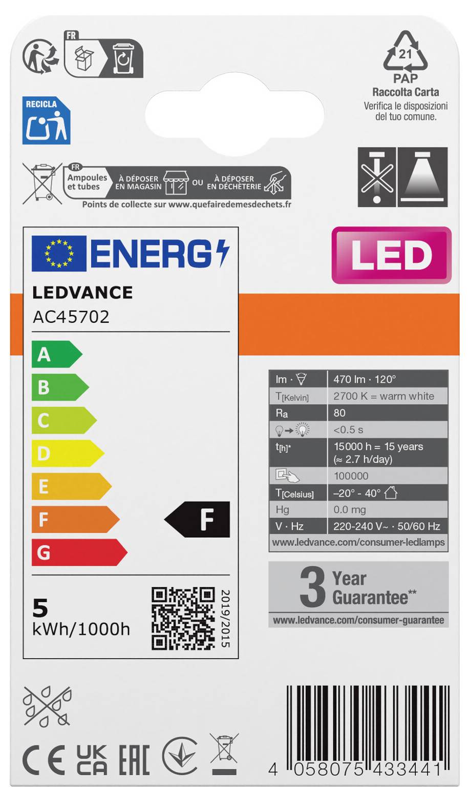 LEDVANCE LED-žarnica, energijski razred F, 5 kWh/1000h, 470 lm, 2700 K, E14, 3 leta garancije
