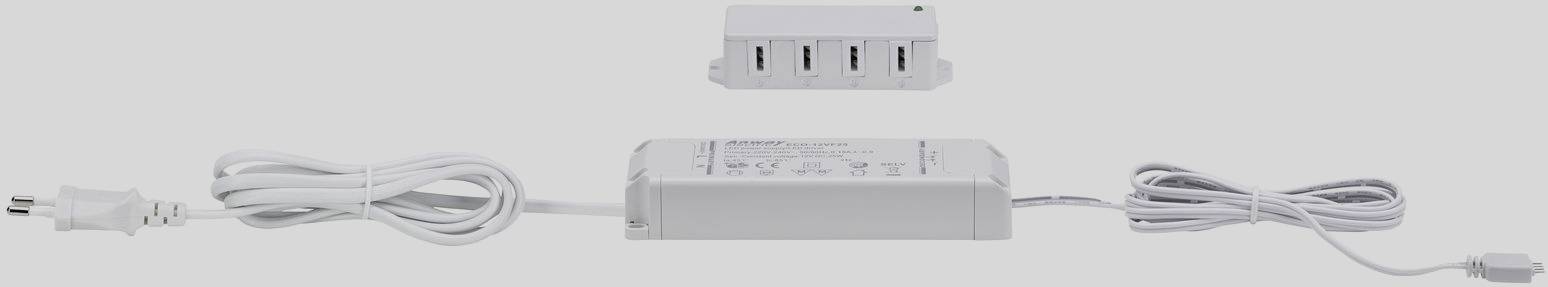 Napajalni adapter s vtičem in kablom ter USB polnilnik s štirimi priključki, prikazana na svetlem ozadju.