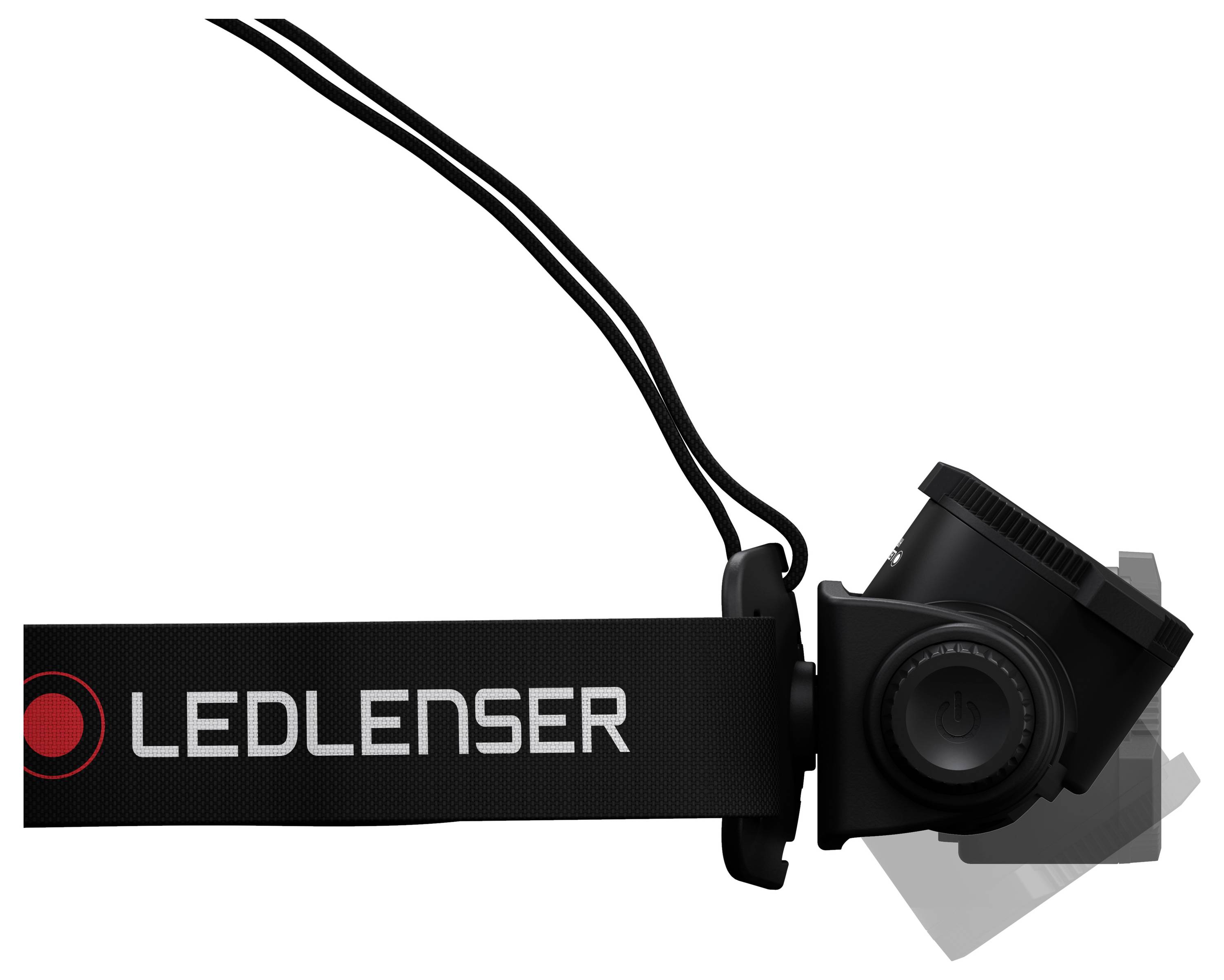 Čelna svetilka z nastavljivo glavo, črnim trakom in napisom 'Ledlenser', primerna za aktivnosti na prostem.