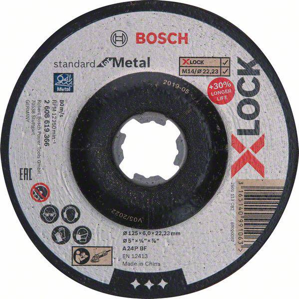 Brusilni disk Bosch za kovino, model X-LOCK, premer 125 mm, debelina 6 mm, z luknjo 22,23 mm, certificiran po ISO standardih.