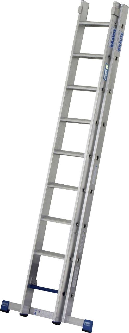 Aluminijasta lestev z dvanajstimi prečkami. Je razprta in naslonjena ob svetlo steno.