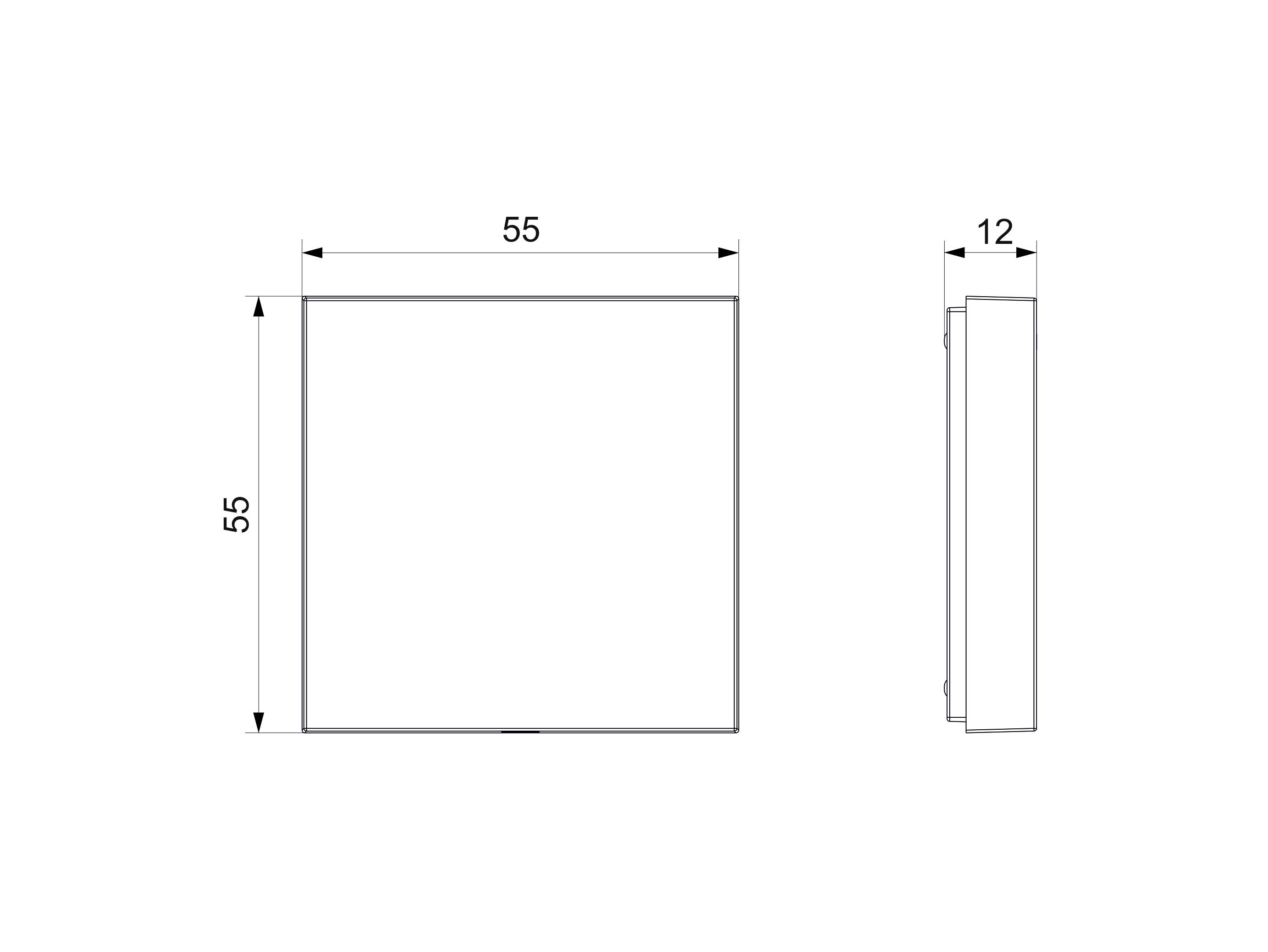Dimenzijska risba kvadratnega objekta: 55x55 mm v dolžini in širini, 12 mm v globini. Prikazana stranska in zgornja perspektiva.