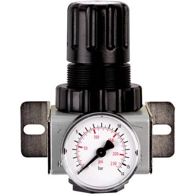 Merilnik tlaka z črnim regulatorjem prikazuje 0 do 230 psi in 0 do 16 bar. Ima vidno lestvico in dve montažni objemki.