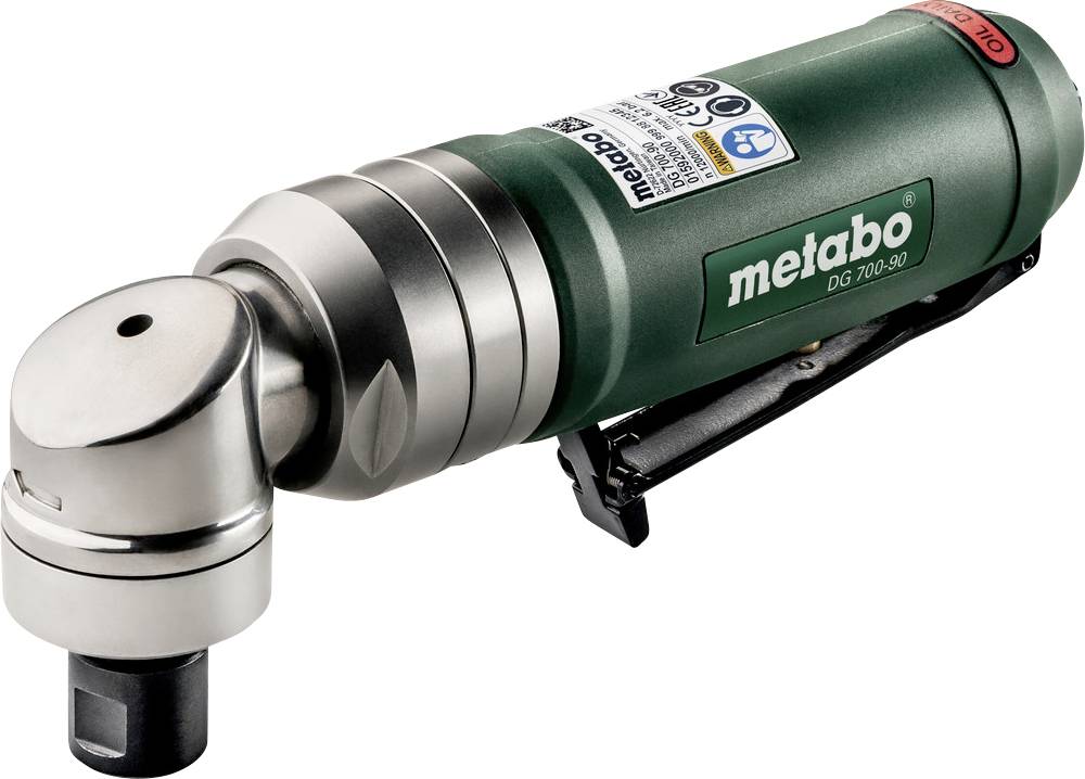 Zeleni pneumatski brusilnik Metabo DG 700-90 s pogonjenim kotnim kovinskim glavo in stranskim ročajem na beloj podlagi.