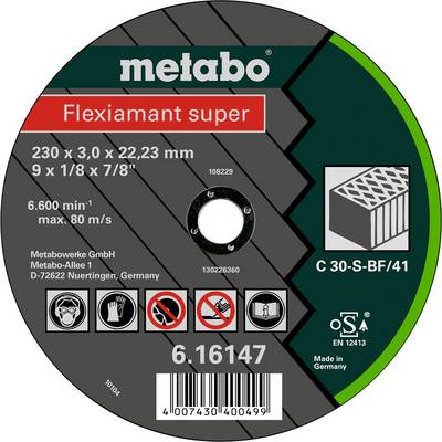 Rezalna plošča Metabo z napisom 'Flexiamant super', primerna za 230 mm, hitrost 6.600 min⁻¹, izdelano v Nemčiji.