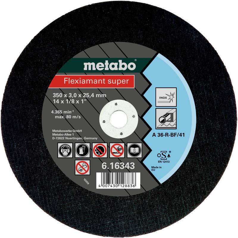 Brusilna plošča 'Flexiamant super' podjetja Metabo, premer 350 mm, debelina 3 mm, za obdelavo kovin, max. 4.365 obratov/min.