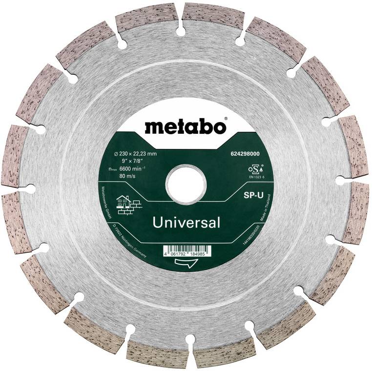 Okrogla Metabo diamantna rezalna pila z oznako 'Universal' s segmentirano zunanjo robom in montažno luknjo v sredini.